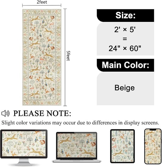 DUKINO 2x5 Rug for Hallway, Washable Kitchen Runner Rug with Non Slip Backing, Soft Low Pile Vintage Animal Runner for Bedroom, Kitchen, Hallway, Entryway, Laundry, Beige