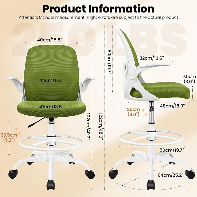 Primy Drafting Chair Tall Office Chair with Flip-up Armrests Executive Ergonomic Computer Standing Desk Chair with Lumbar Support and Adjustable Footrest Ring (AvocadoGreen)