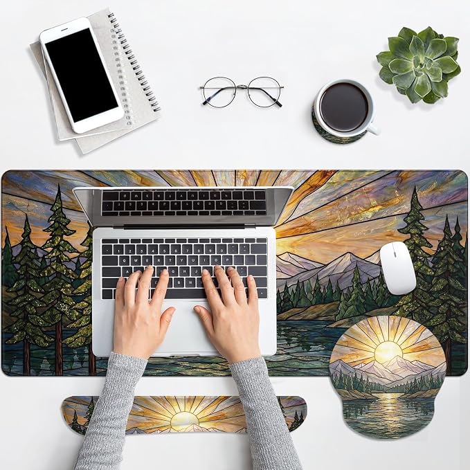 Britimes Mountain Gold Sun Keyboard Mouse Pad Set Nature Forest 4in1 Large Mousepad+Keyboard Wrist Rest+Mouse Wrist Rest+Coaster Ergonomic Design for Home Office Computer 35.4x15.7 inches