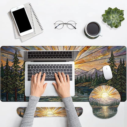 Britimes Mountain Gold Sun Keyboard Mouse Pad Set Nature Forest 4in1 Large Mousepad+Keyboard Wrist Rest+Mouse Wrist Rest+Coaster Ergonomic Design for Home Office Computer 35.4x15.7 inches