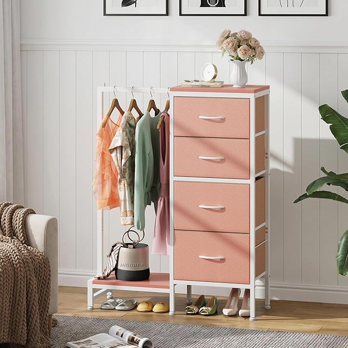 HIGDBFE Dresser with Hanging Rack, 4 Drawers Small Closet for Bedroom, Reversible Fabric Kids Chest of Drawers with Clothes Rack, Tall Storage Tower, Sturdy Frame, Pink, 44''H