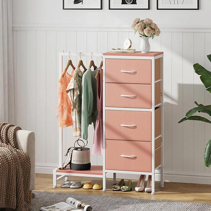 HIGDBFE Dresser with Hanging Rack, 4 Drawers Small Closet for Bedroom, Reversible Fabric Kids Chest of Drawers with Clothes Rack, Tall Storage Tower, Sturdy Frame, Pink, 44''H