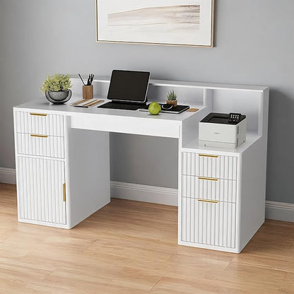 IDEALHOUSE Rectangular Computer Desk with Hutch & Printer Stand, Ripple Door Storage Home Office Desk, Space-Saving Study Writing Desk for Bedroom, Sturdy Board Student Desk with Easy Assembly