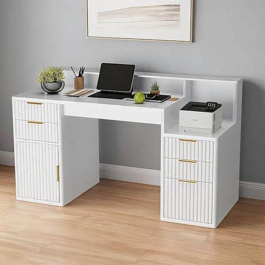 IDEALHOUSE Rectangular Computer Desk with Hutch & Printer Stand, Ripple Door Storage Home Office Desk, Space-Saving Study Writing Desk for Bedroom, Sturdy Board Student Desk with Easy Assembly