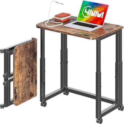 4NM No Tool Assembly 23.6" Small Desk, Folding Portable Desk with Wheels, Adjustable Height Foldable Computer Home Office Desks, Collapsible Study Writing Table for Space Saving Bedroom - Rustic Brown