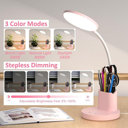 Desk Lamp, LED Desk Lamps for Home Office, Touch Table Lamp with 3 Color Modes 360° Adjustable Arm, Dimmable Desk Light with Pen Phone Holder for College Dorm, Pink