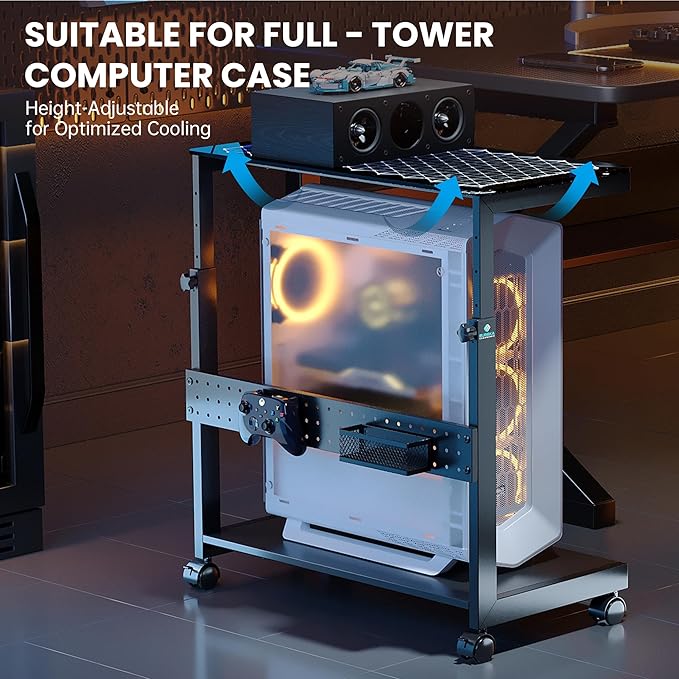 EUREKA ERGONOMIC Height Adjustable Computer Tower Stand, Illuminated Glass Panel PC Stand w/RGB Lights, 2-Tier CPU Holder Cart Under Desk, PC Floor Stand for Office Gaming, APP Control