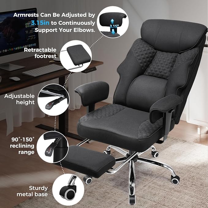 GTPLAYER Big and Tall Office Chair, High Back Computer Gaming Chair with Ergonomic Lumbar Support &Pocket Spring Cushion for Lower Back Pain Relief, Fabric Executive Chair with Foot Rest, Black
