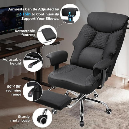 GTPLAYER Big and Tall Office Chair, High Back Computer Gaming Chair with Ergonomic Lumbar Support &Pocket Spring Cushion for Lower Back Pain Relief, Fabric Executive Chair with Foot Rest, Black
