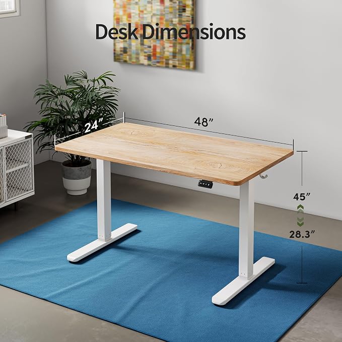 FAMISKY Height Adjustable Standing Desk, 48x 24 Inch Electric Stand up Home Office Table, Sit Stand Desk Computer Workstation with Splice Board, White Frame & Maple Desktop