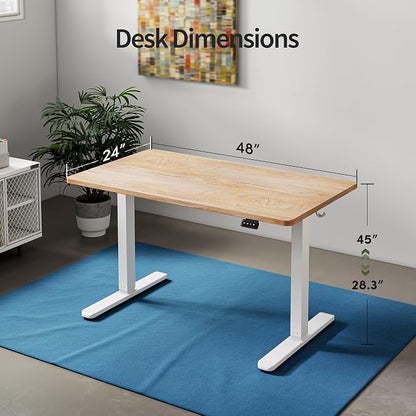 FAMISKY Height Adjustable Standing Desk, 48x 24 Inch Electric Stand up Home Office Table, Sit Stand Desk Computer Workstation with Splice Board, White Frame & Maple Desktop