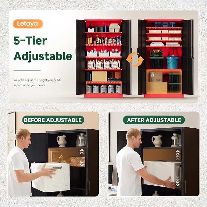 Letaya Metal Garage Storage Cabinets with Lock, 72" Tall Locker Organizer Steel Tool Cabinets,5 Adjustable Shelves 2 Doors for Home Office, Warehouse,Garage,Industrial,Employee (Black Red)