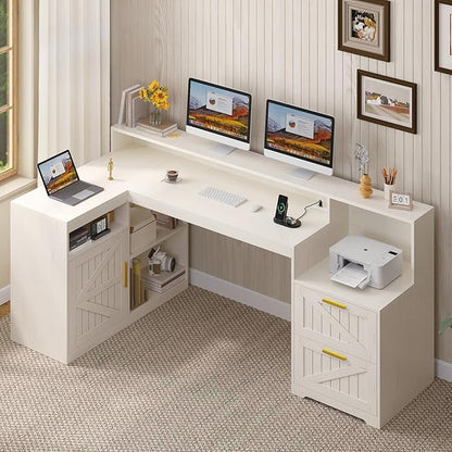 TVU Farmhouse L Shaped Desk with Drawers, 62.2" Home Office Desk with Storage Shelves and Power Outlet, L Shaped Computer Desk with Monitor Stand and Printer Shelf, White