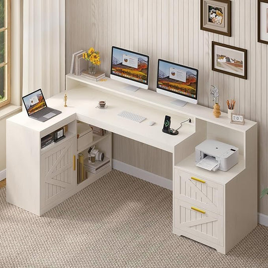 TVU Farmhouse L Shaped Desk with Drawers, 62.2" Home Office Desk with Storage Shelves and Power Outlet, L Shaped Computer Desk with Monitor Stand and Printer Shelf, White