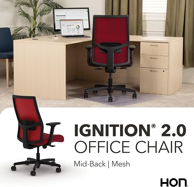 HON Ignition 2.0 Mid‑Back Ergonomic Office Chair, Mesh Task Desk Chair with Lumbar Support, Standard Synchro‑Tilt, Height and Width Adjustable Arms, Black Frame, Bullseye