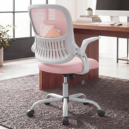 Home Office Desk Chair, Ergonomic Mid-Back Mesh Computer Task Chair with Comfortable Lumbar Support, Height Adjustable Swivel with Flip-up Armrest for Adults, Student, Pink