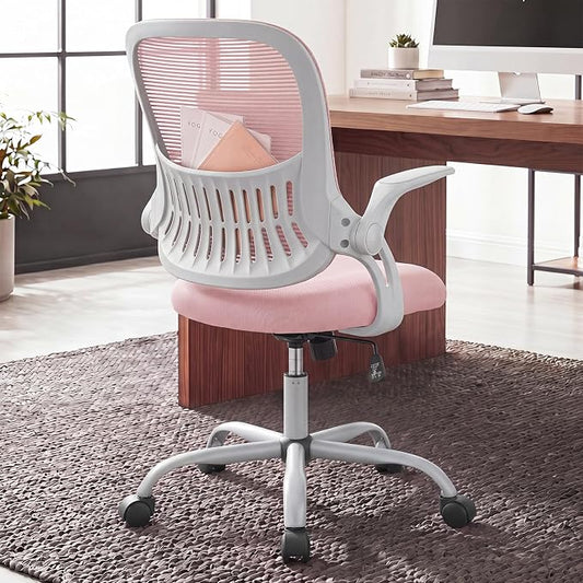 Home Office Desk Chair, Ergonomic Mid-Back Mesh Computer Task Chair with Comfortable Lumbar Support, Height Adjustable Swivel with Flip-up Armrest for Adults, Student, Pink