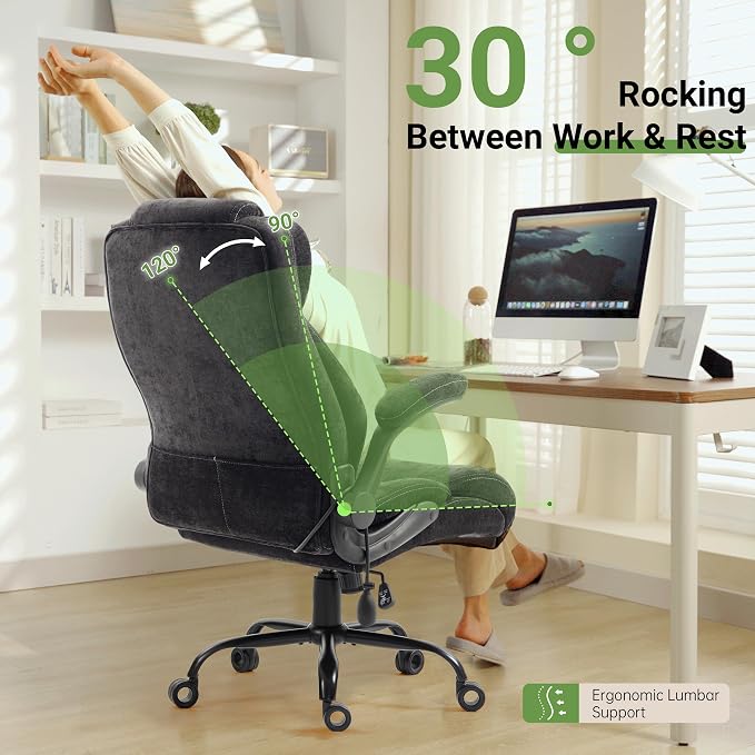 Office Chair, Big and Tall Executive Chairs with Lumbar Support for Back Pain,Breathable Desk Computer Chair with Adjustable Flip-up Armrests,Wide Cushion Swivel Home Office Chair Fabric black