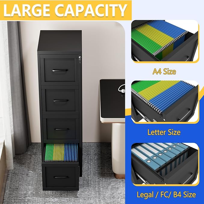 GAIOUS Metal Vertical File Cabinet with Lock, Home Office 4 Drawer Cabinet | 4 Drawer Filing Cabinet, Beside Desk File Cabinet, Black Lockable Storage Cabinet, Fits Letter/Legal/A4 Size