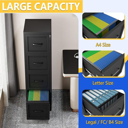 GAIOUS Metal Vertical File Cabinet with Lock, Home Office 4 Drawer Cabinet | 4 Drawer Filing Cabinet, Beside Desk File Cabinet, Black Lockable Storage Cabinet, Fits Letter/Legal/A4 Size