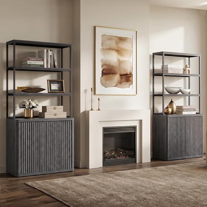 SICOTAS Book Shelf Fluted Bookshelf 71" Tall Bookcase with Doors Storage 5 Tier Mid Century Modern Bookshelves Large Shelves Metal Book Cases for Living Room Office Kitchen Library