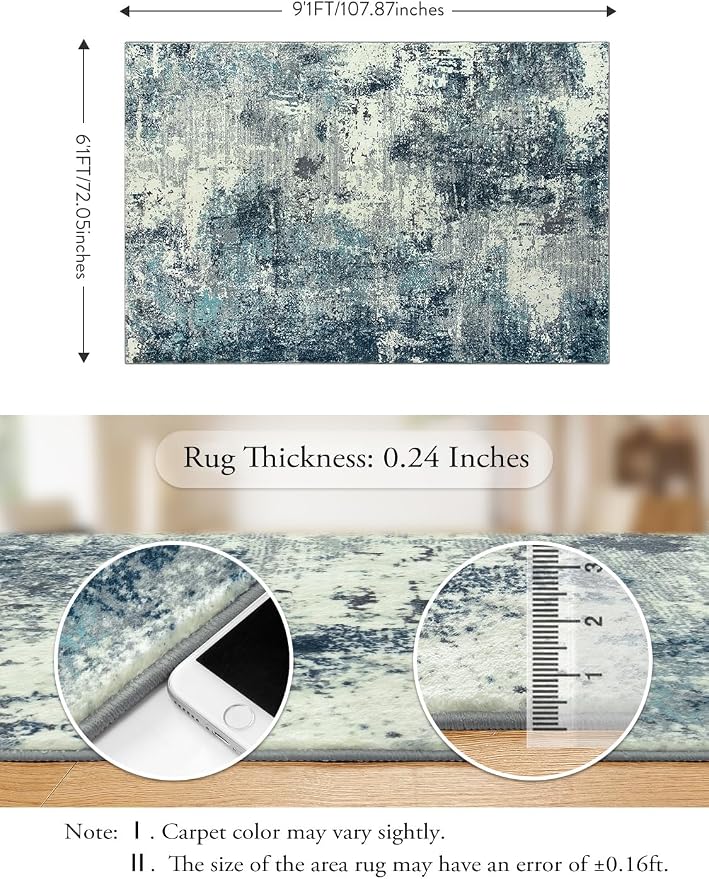 Lahome Abstract Rugs for Bedroom, Machine Washable 6x9 Area Rugs Living Room Non-Slip, Low-Pile Soft Modern Blue Grey Large Indoor Floor Carpet for Home Office Dining Room Under Table