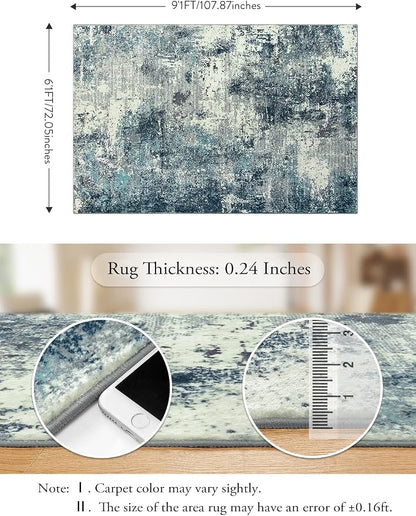 Lahome Abstract Rugs for Bedroom, Machine Washable 6x9 Area Rugs Living Room Non-Slip, Low-Pile Soft Modern Blue Grey Large Indoor Floor Carpet for Home Office Dining Room Under Table