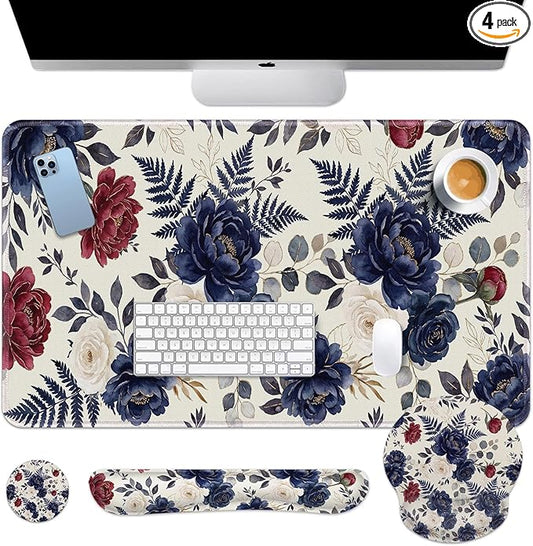 Britimes Navy Blue Florals Keyboard Mouse Pad Set Red Peony Florals Boho 4in1 Large Mousepad+Keyboard Wrist Rest+Mouse Wrist Rest+Coaster Ergonomic Design for Home Office Computer 35.4x15.7 inches