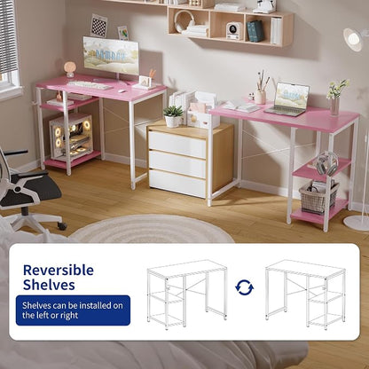 Pamray 32 Inch Small Computer Desk with Shelves, Home Office Desk with Headphone Hook for Bedroom, Study Writing PC Table for Small Spaces, White