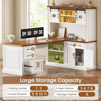 SEDETA 67" Farmhouse L Shaped Desk with Hutch, Executive Home Office Desks with 4 Drawers & Storage Cabinet, Corner Computer Desk with Sliding Doors, File Drawer & Power Outlet, White+Brown