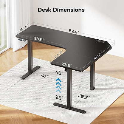 HUANUO 63″ L-Shaped Standing Desk, Built-in Power Outlets, Electric Height Adjustable Corner Computer Desk, Large Power Strip Holder, Sit Stand Up Desk with 3 Preset Heights, Black