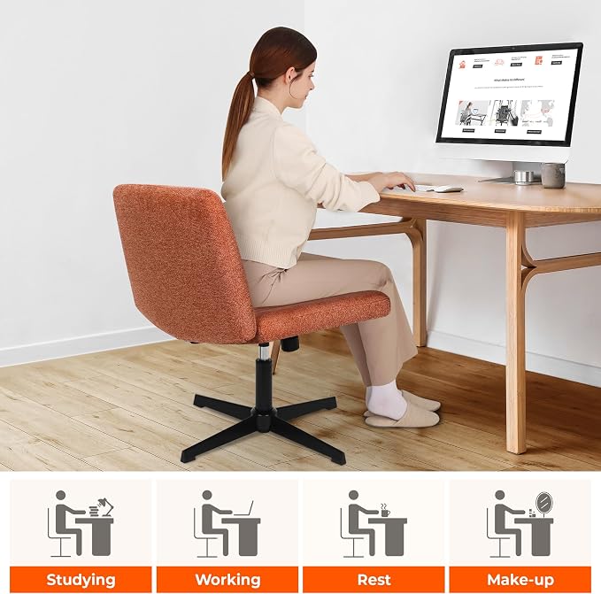 NEO CHAIR Criss Cross Chair No Wheel Vanity Desk Chair Wide Armless Cross Legged Office Comfy Makeup Adjustable Computer Task for Home Office Fabric (Brown)
