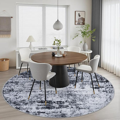 Round Area Rug for Living Room: 6 ft Washable Modern Abstract Soft Thin Rug Indoor Floor No Slip Stain Resistant Carpet for Bedroom Dining Room Farmhouse Nursery Home Office - Black