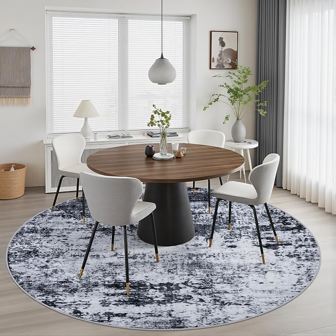 Round Area Rug for Living Room: 8 ft Washable Modern Abstract Soft Thin Rug Indoor Floor No Slip Stain Resistant Carpet for Bedroom Dining Room Farmhouse Nursery Home Office - Black