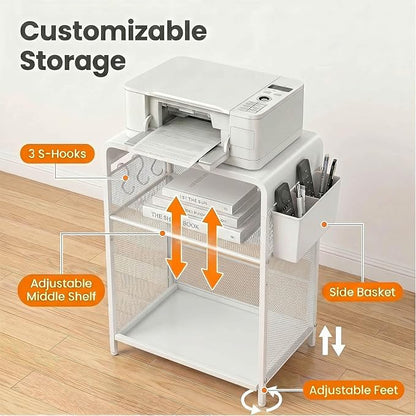 ECOLOVI 3 Tier Printer Stand for Under Desk, Height Adjustable Shelf Small Printer Table with 3 S-Hooks & Basket, Heavy Duty Industrial Storage Shelf for Home Office (White Metal)