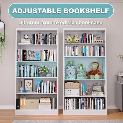 Bookcase, 5 Tier Bookshelves, 14" Deep Book Case for Book/Decor/CD/Movie, Metal Adjustable Book Shelf, 66" Tall Modern Bookshelf for Bedroom Living Room Home Office School (White, 66"Hx33"Wx14"D)