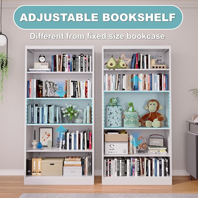 OSEILLC Bookcase,5 Tier Bookshelf,55" Tall Free Standing Metal Bookcase with Adjustable Storage Shelves,Wide Bookshelf for Bedroom Living Room Home Office School (White)