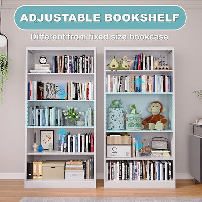 OSEILLC Bookcase,5 Tier Bookshelf,55" Tall Free Standing Metal Bookcase with Adjustable Storage Shelves,Wide Bookshelf for Bedroom Living Room Home Office School (White)