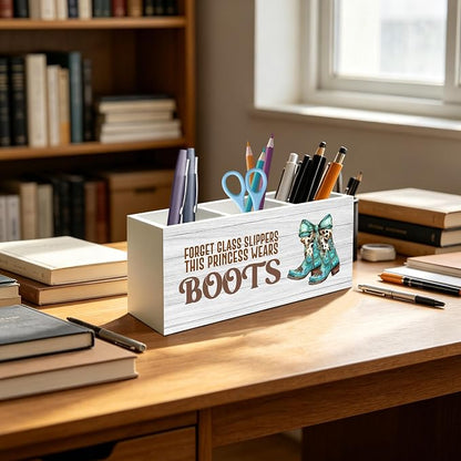 Coquette Turquoise Cow Bow Western Cowgirl Makeup Brush Toothbrush Holder for Girls Bathroom Room Dorm, Cowgirl Cowboy Gifts Wood Signs Pen Pencil Holder Organizer Office Desk Accessories