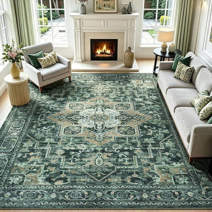 Lofus 8x10 Washable Rugs Non-Slip, Vintage Floral Area Rug for Living Room Bedroom Dining Room Kitchen, Low Pile Distress Print Carpet Home Decor Rug, Octagram Medallion Green