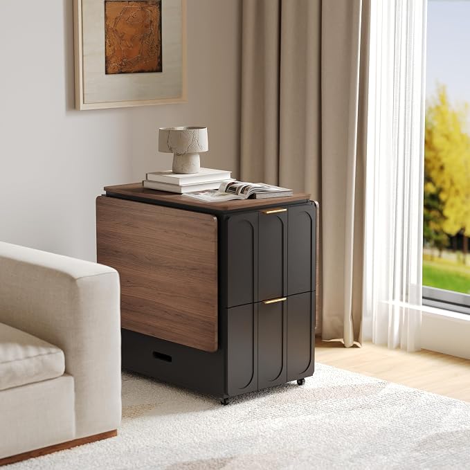ModernMate 3-in-1 Folding Desk & File Cabinet, Fluted Multi-Storage Workspace with 4 Drawers, Lockable Wheels | Power Outlet | Fits A4/Letter Files, Space-Saving for Small Home Office, Black Walnut