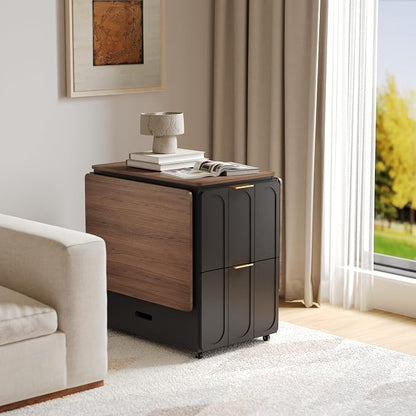 ModernMate 3-in-1 Folding Desk & File Cabinet, Fluted Multi-Storage Workspace with 4 Drawers, Lockable Wheels | Power Outlet | Fits A4/Letter Files, Space-Saving for Small Home Office, Black Walnut