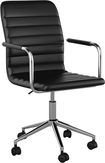 Martha Stewart Taytum Swivel Task Chair with Armrests for Home Office in Black Faux Leather with Polished Nickel Frame