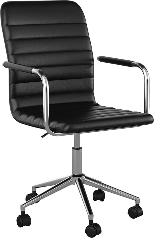 Martha Stewart Taytum Swivel Task Chair with Armrests for Home Office in Black Faux Leather with Polished Nickel Frame