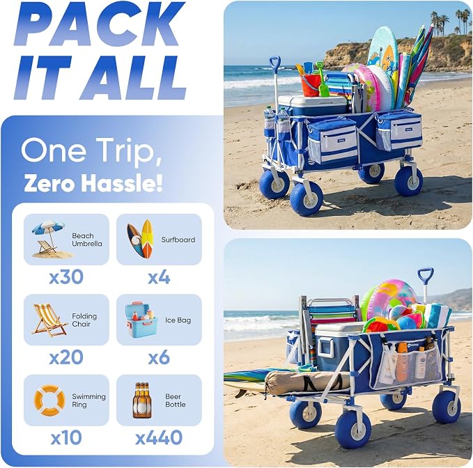 Sekey Heavy Duty Beach Wagon with 9" Big Sand-Proof Wheels, 300L Oversized Foldable Beach Cart with Cooler| Adjustable Handle & Balloon Tires for Sand, Camping,Vacation