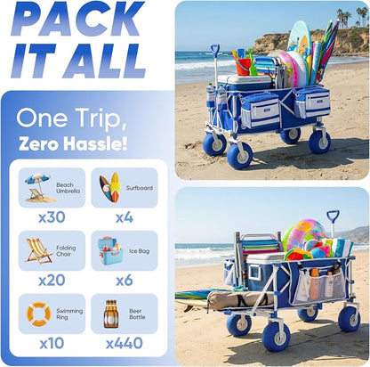 Sekey Heavy Duty Beach Wagon with 9" Big Sand-Proof Wheels, 300L Oversized Foldable Beach Cart with Cooler| Adjustable Handle & Balloon Tires for Sand, Camping,Vacation