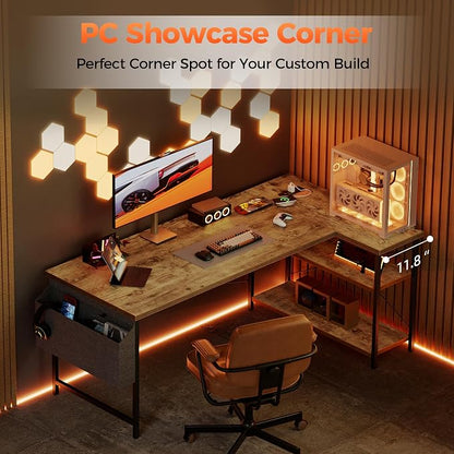 Mericonia Small L Shaped Computer Desk with Power Outlets, Reversible Gaming Desk with Storage Shelves, Corner Gamer Desk Table, Study Writing Table