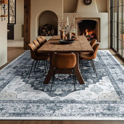 RELEANY Area Rugs Large 10'x12' Washable Non-Slip, Floral Vintage Distress Medallion Carpet for Living Room Bedroom Dining Room, Light Gray Grey White