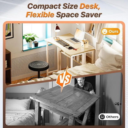Huuger Folding Desk with Storage Shelf, 31.5 Inch Foldable Computer Table for Small Spaces, Space Saving Sofa Table for Couch, Writing Work Office Computer Desk, Easy to Fold, Oak