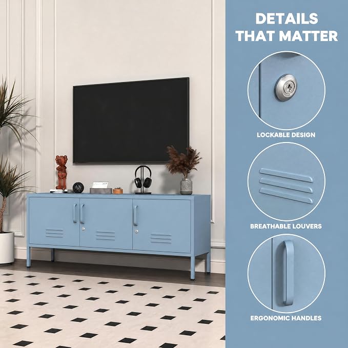 Blue Industrial Metal TV Stand with Lockable Storage Cabinet, Wide 3-Door Media Console, Adjustable Shelves, Multipurpose Accent Cabinet for Living Room Bedroom Home Office